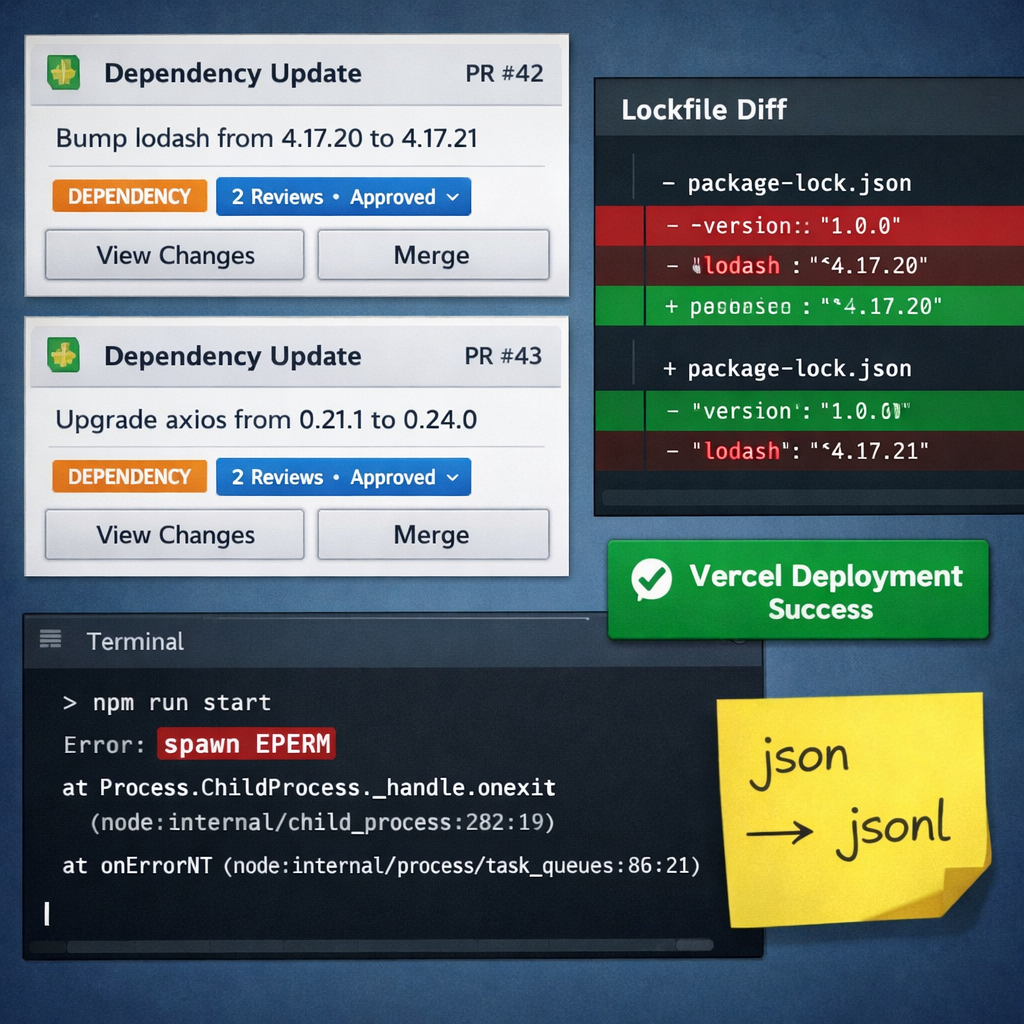 A workflow audit board with dependency PRs, a terminal, a lockfile diff, and a JSON-to-JSONL migration note
