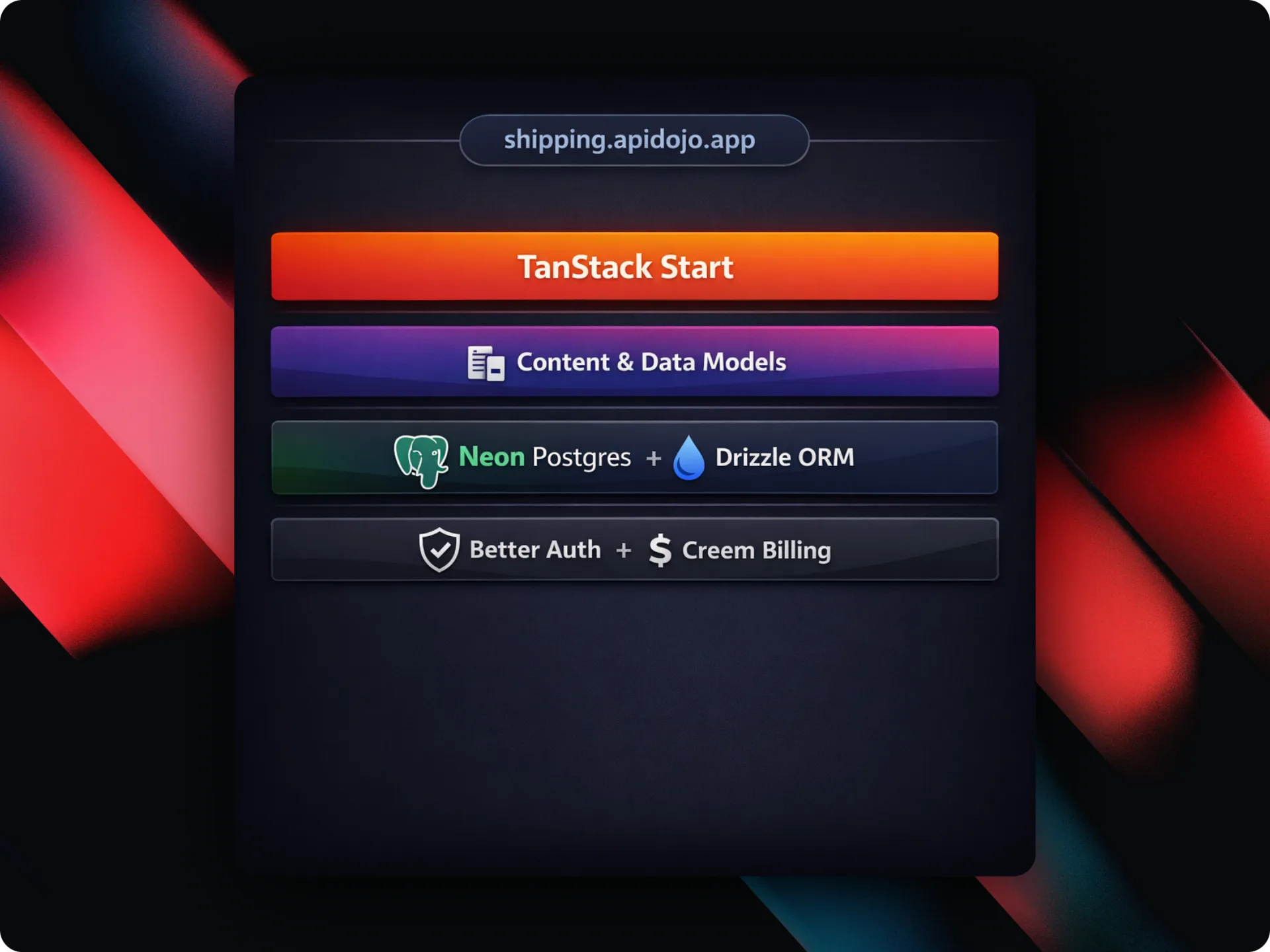 A clean architectural diagram showing the v2 stack with TanStack Start, Neon Postgres, Better Auth, Creem billing, and content-family data models