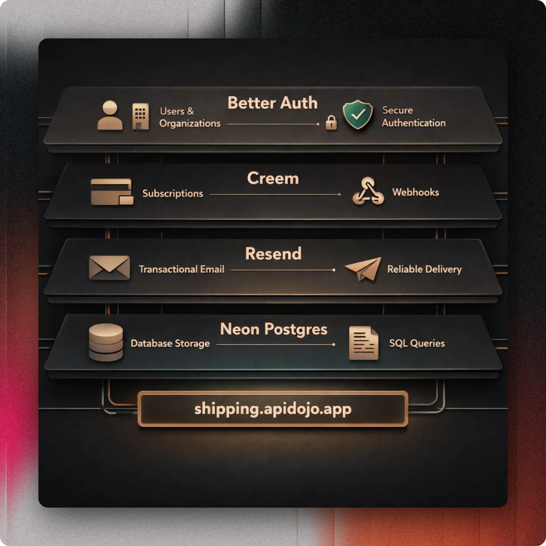 An infrastructure diagram showing Better Auth integration, Creem billing setup, Resend email configuration, and the shipping.apidojo.app domain foundation