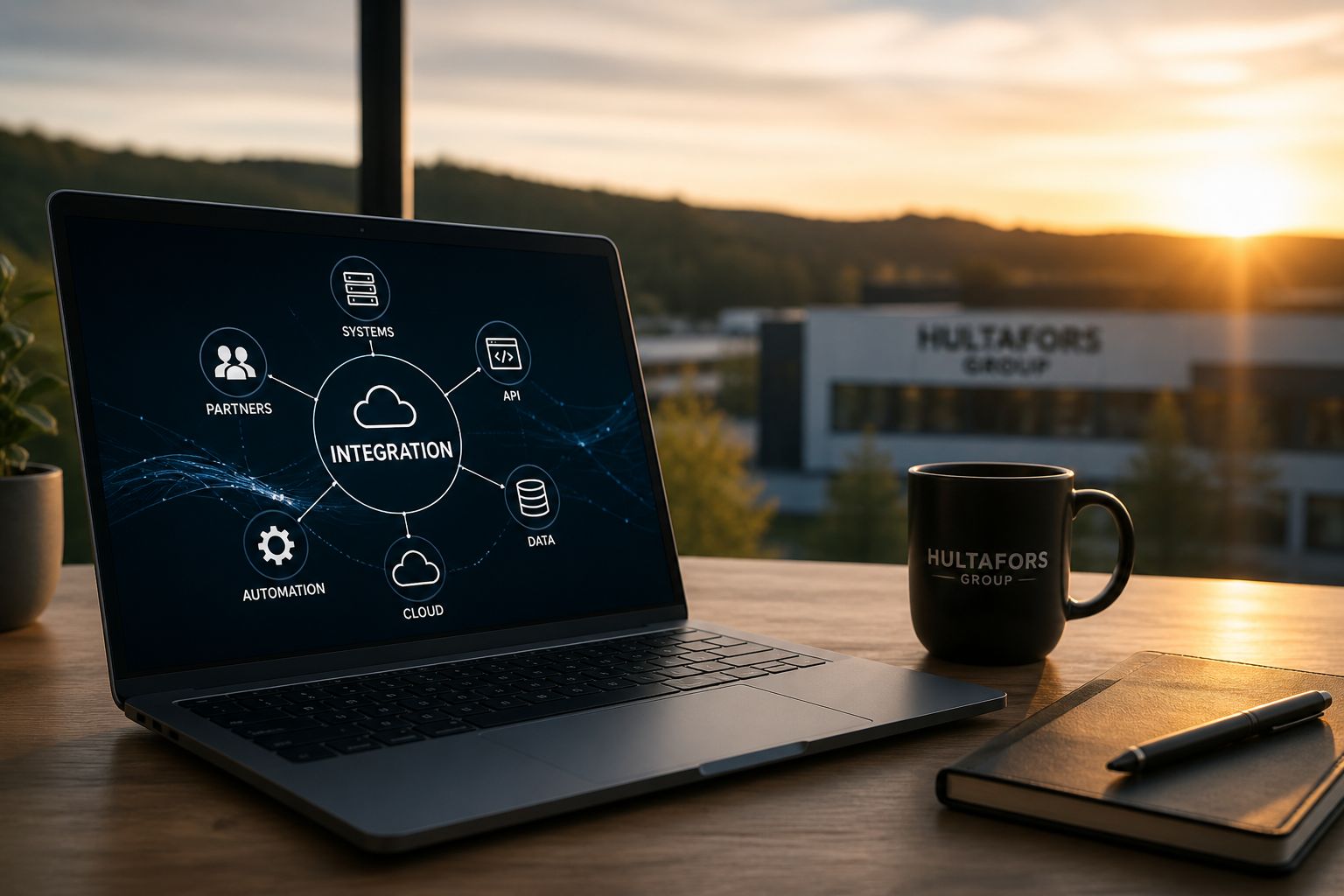 Laptop showing an integration diagram beside a Hultafors Group mug at sunset