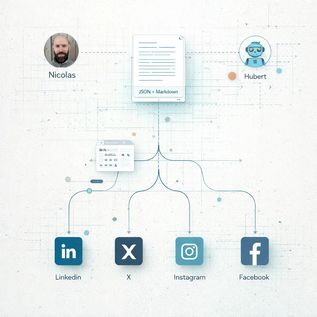 Content workflow diagram showing the journey from blog post to multi-platform distribution
