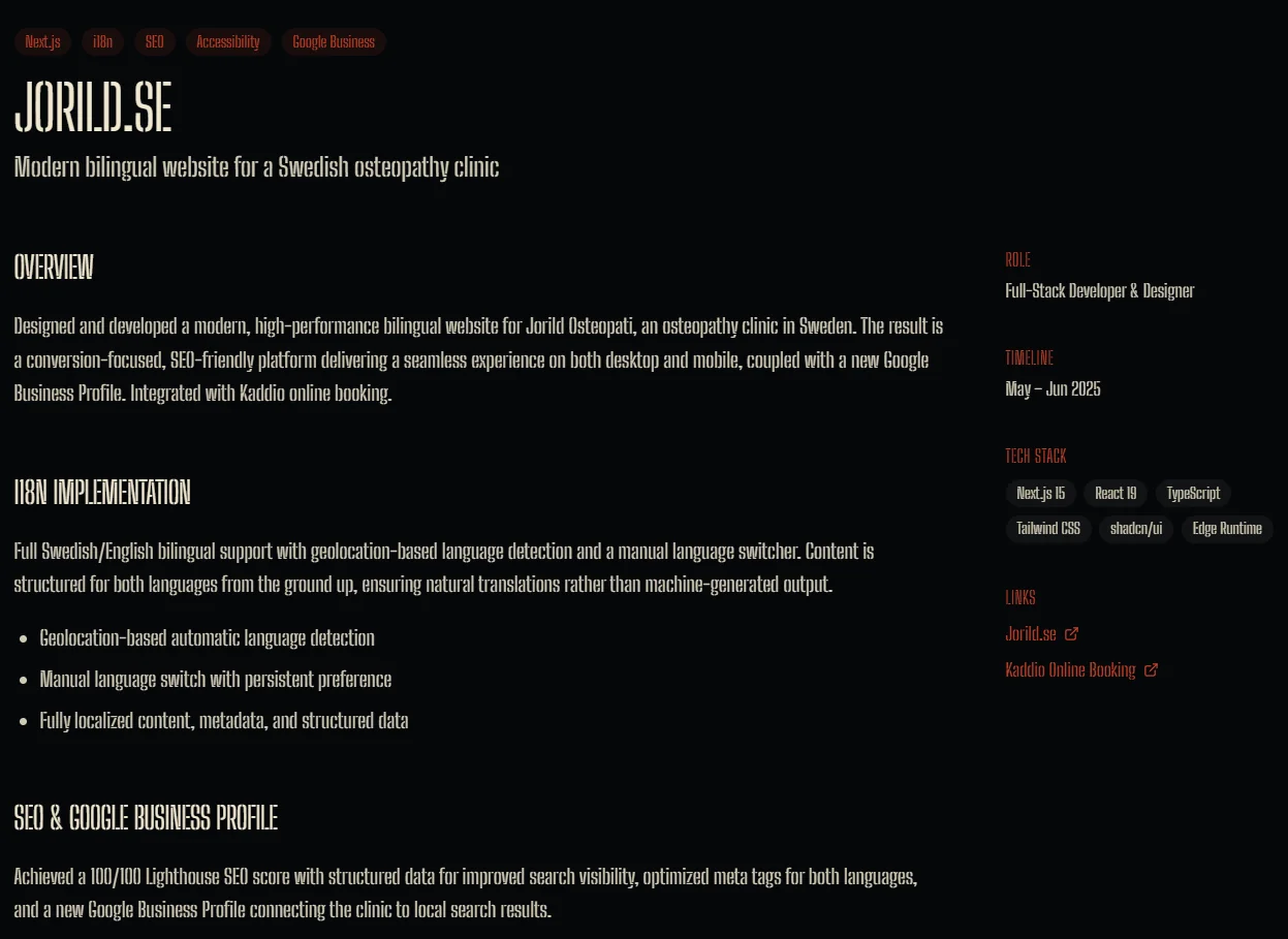 Portfolio case study pages showing project galleries and navigation